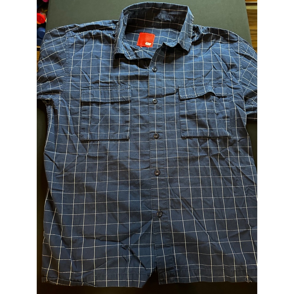 TSA Brand Mens Short Sleeve Button Down Shirt Navy Blue Windowpane Grid Pockets